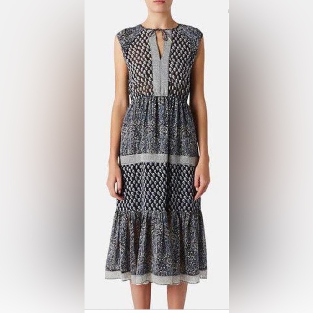 ULLA JOHNSON: Silk Georgette Tropez Paisley Dress in Navy, Size 6 - Picture 3 of 10